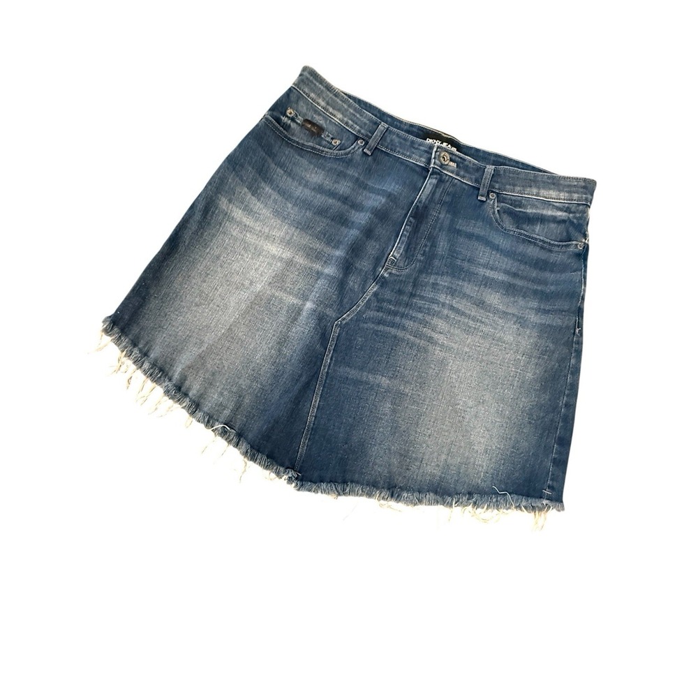 DKNY Jean Skirt XL Blue Medium Wash Stretch Distressed Cut Off Button Fly